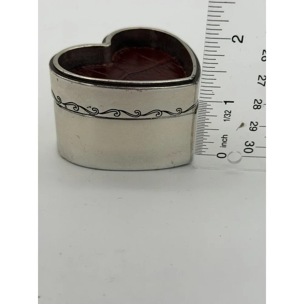 Vintage Brighton Silver Tone Trinket Box Heart Shape Leather Accents Jewelry Box